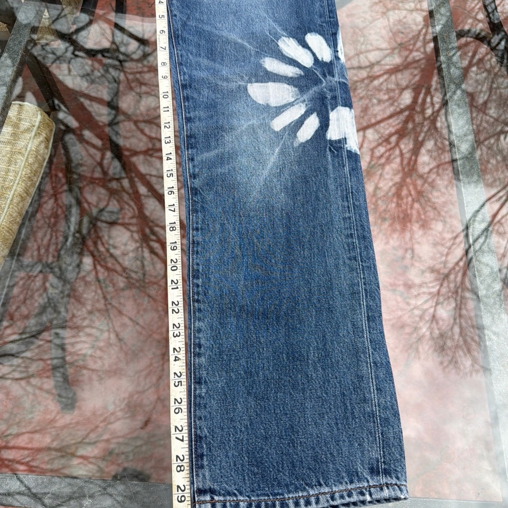 Women’s  Blue Straight-Leg Jeans with White Paint Floral Detail - Picture 8 of 11